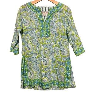 Gretchen Scott Designs Size XS Green Paisley Boho Split Hem Kaftan Cotton Blouse
